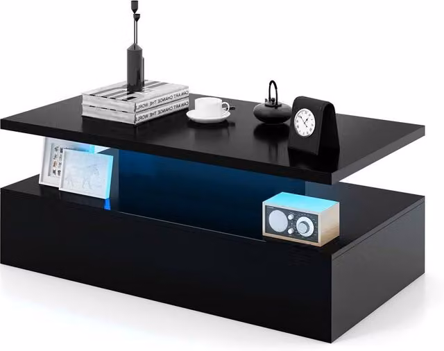 Costway Modern 2-Tier Rectangular Coffee Table with Adjustable LED Light in Black