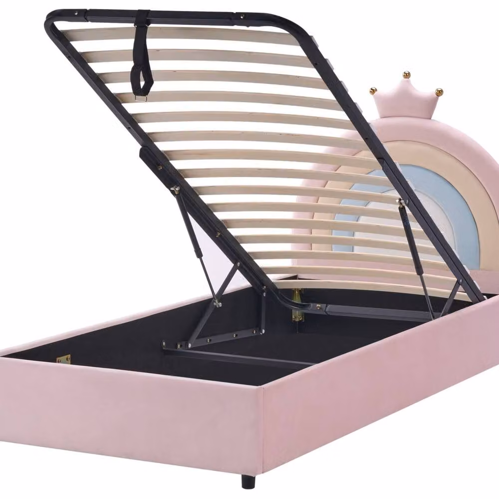 Wyld and Coco Pink Velvet Single Bed with Storage and Crown Headboard, W/D/H: 90 x 190 x 106 cm – 2