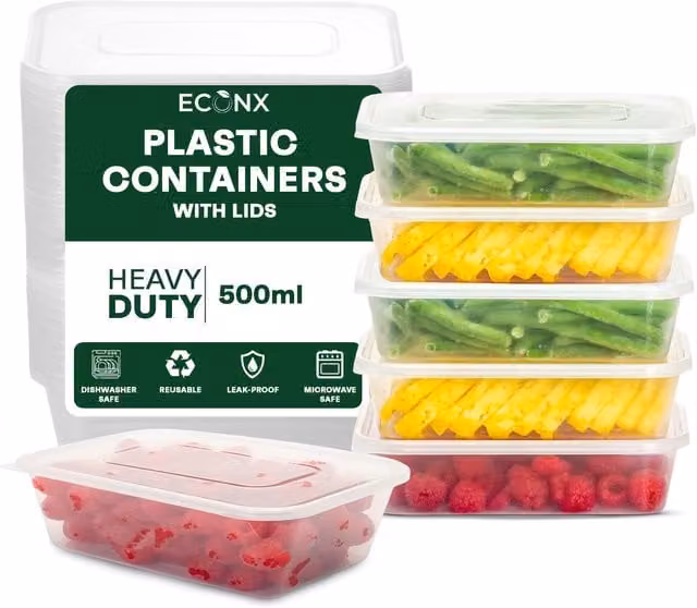 ECONX Plastic Food Storage Containers with Snap Lids, Transparent, 500 ml, Pack of 25