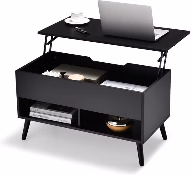 Gymax Modern Rectangular Lift Top Coffee Table with 2 Open Shelves in Black – 1