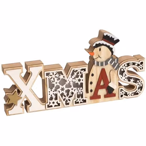 mysmartbuy Battery Powered Wooden LED Christmas Decoration with Snowman, Star and Snowflake Cut Out, Multicolour, H14.5 x W28.5 x D3 cm – 3