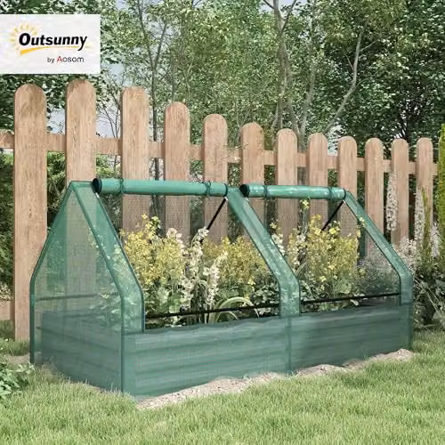 Outsunny Raised Garden Bed Planter with Mini Greenhouse in Green and Grey – 2