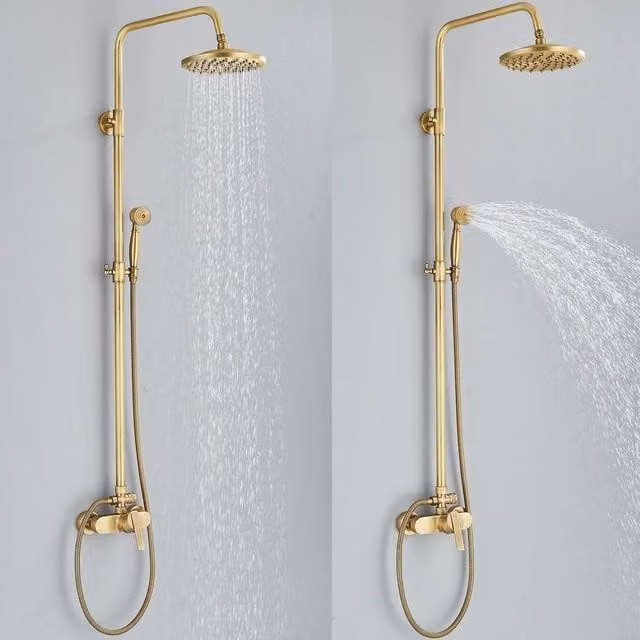 KORVIXA Gold Antique Brass Exposed Bathroom Shower Mixer Set with Hand Shower and Rigid Column