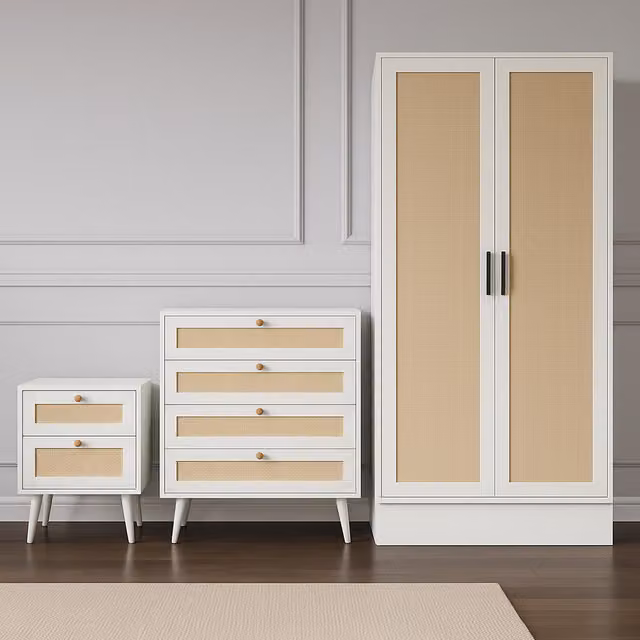 Home Treats White Rattan and Wood Bedroom Furniture Set