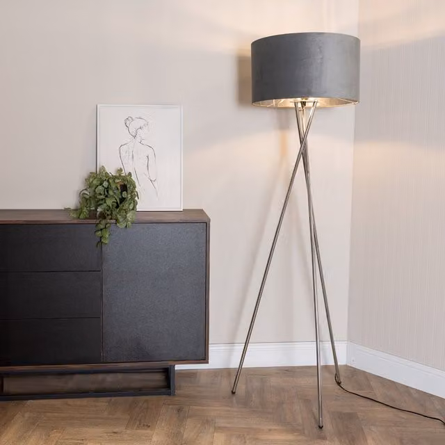 ValueLights Camden Chrome Tripod Floor Lamp with Grey Fabric Cylinder Shade and Bulb