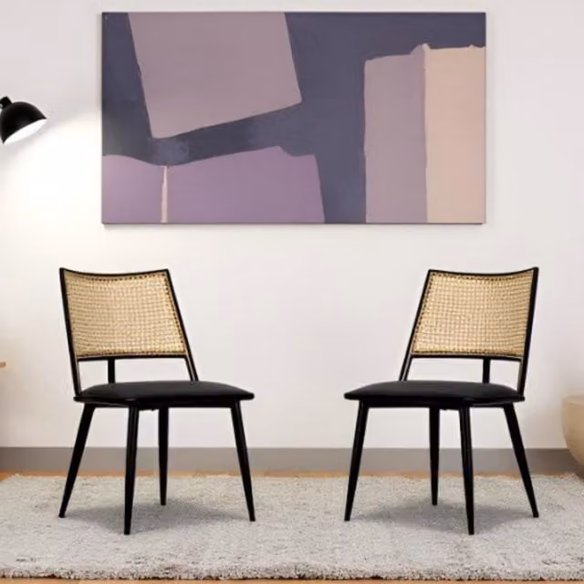Furniture One Set of 2 Mid-Century Dining Chairs with Rattan Backrest and Upholstery in Black