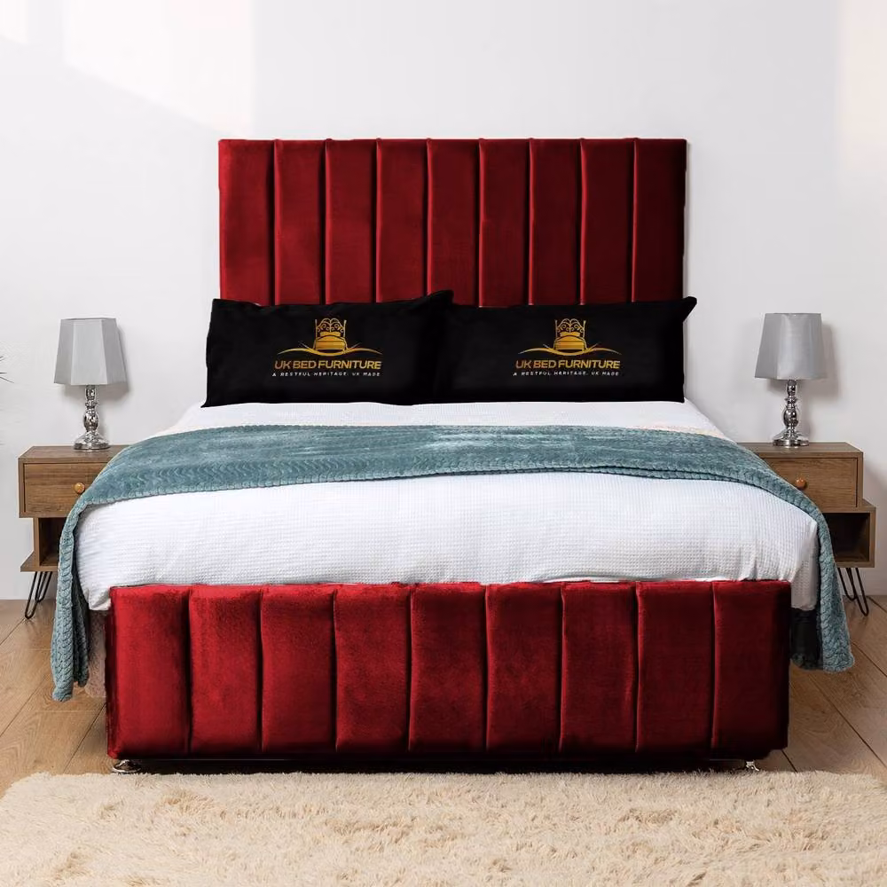 UK Bed Furniture Falcon Double Divan Bed with 2 Drawers and 26 Inch Headboard in Red Velvet Fabric, W/D/H: 140 x 200 cm – 2