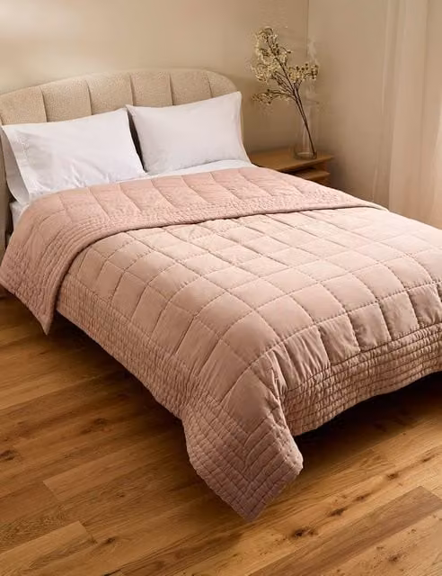 M&S Pink Quilted Pure Cotton Velvet Bedspread