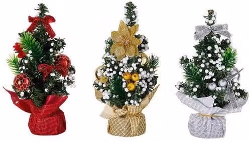 Living and Home 3-Piece Green and Multicolour Mini Christmas Tree Set with Gift Bag Base for Tabletop Decor, Height: 20 cm