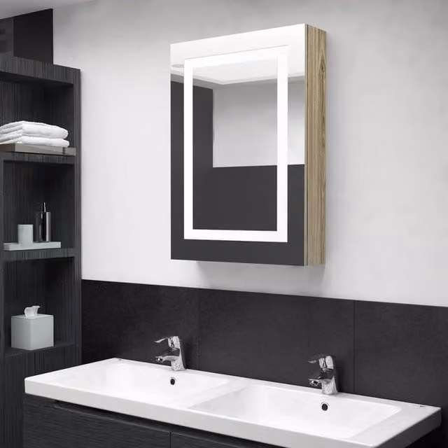 Berkfield Home LED Bathroom Mirror Cabinet in Oak Brown, W/D/H: 50 x 13 x 70 cm – 1