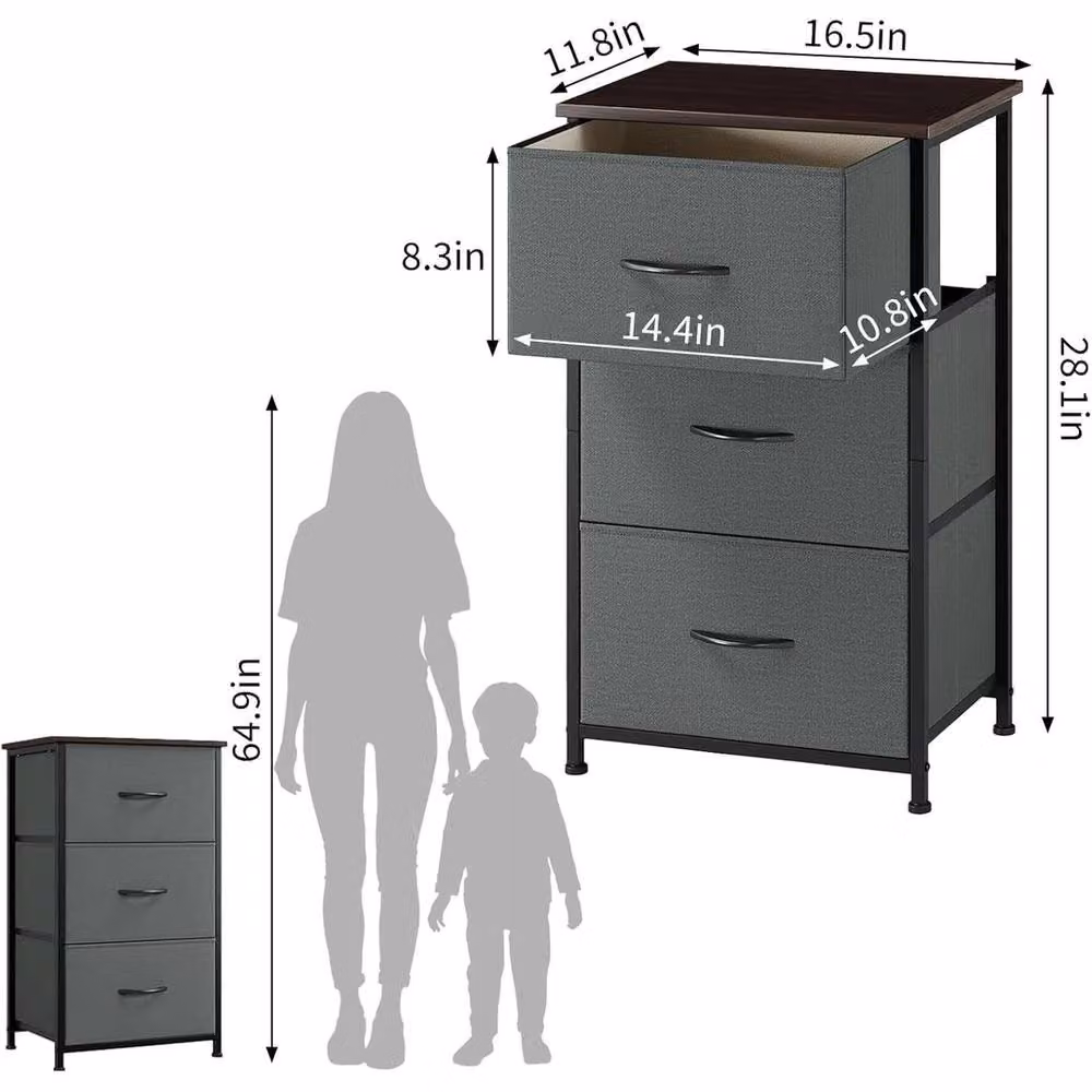 Havendro 3-Drawer Dresser with Removable Fabric Bin Storage in Grey – 2