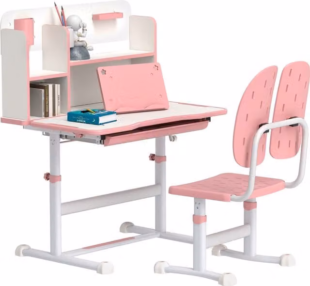 AIYAPLAY Height Adjustable Kids Desk and Chair Set with Tiltable Desktop and Reading Rack, Pink – 1