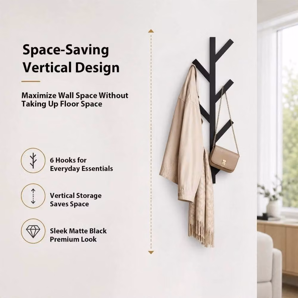 EONLION Wall Mounted Coat Rack with 6 Hooks in Matt Black, W: 100 cm, H: 200 cm – 2