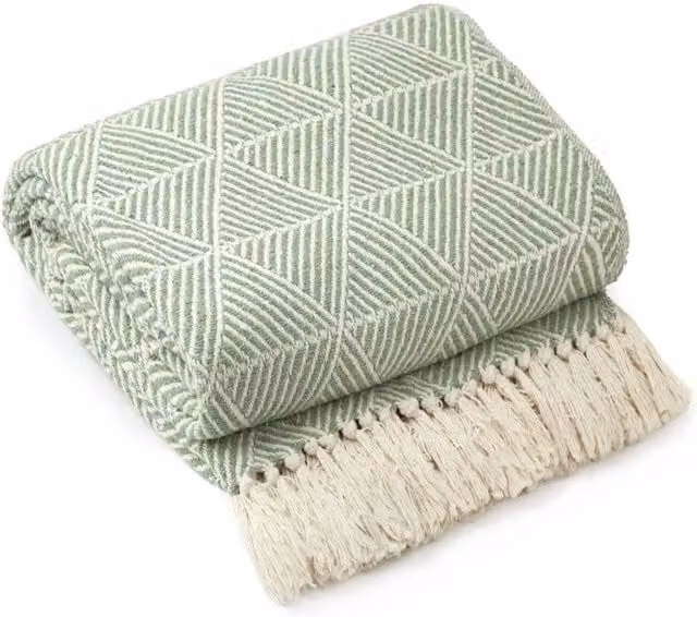 New Edge Blinds Geo Diamond Collection Woven Cotton Throw in Green, W: 228 cm, D: 254 cm
