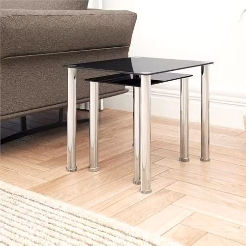 AVF Nesting Tables Set of 2, Black Glossy Glass and Silver Metal, W/D/H: 50 x 45 x 44.2 cm and 44.2 x 45 x 45 cm – 3