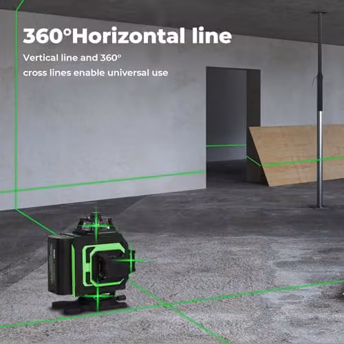 Traderight 4D Green Laser Level with 360 Degree Self-Levelling 16-Line Horizontal and Vertical Projection, Remote Control, IP54 Rating, Adjustable Stand and 2x 2400mAh Rechargeable Batteries – 4