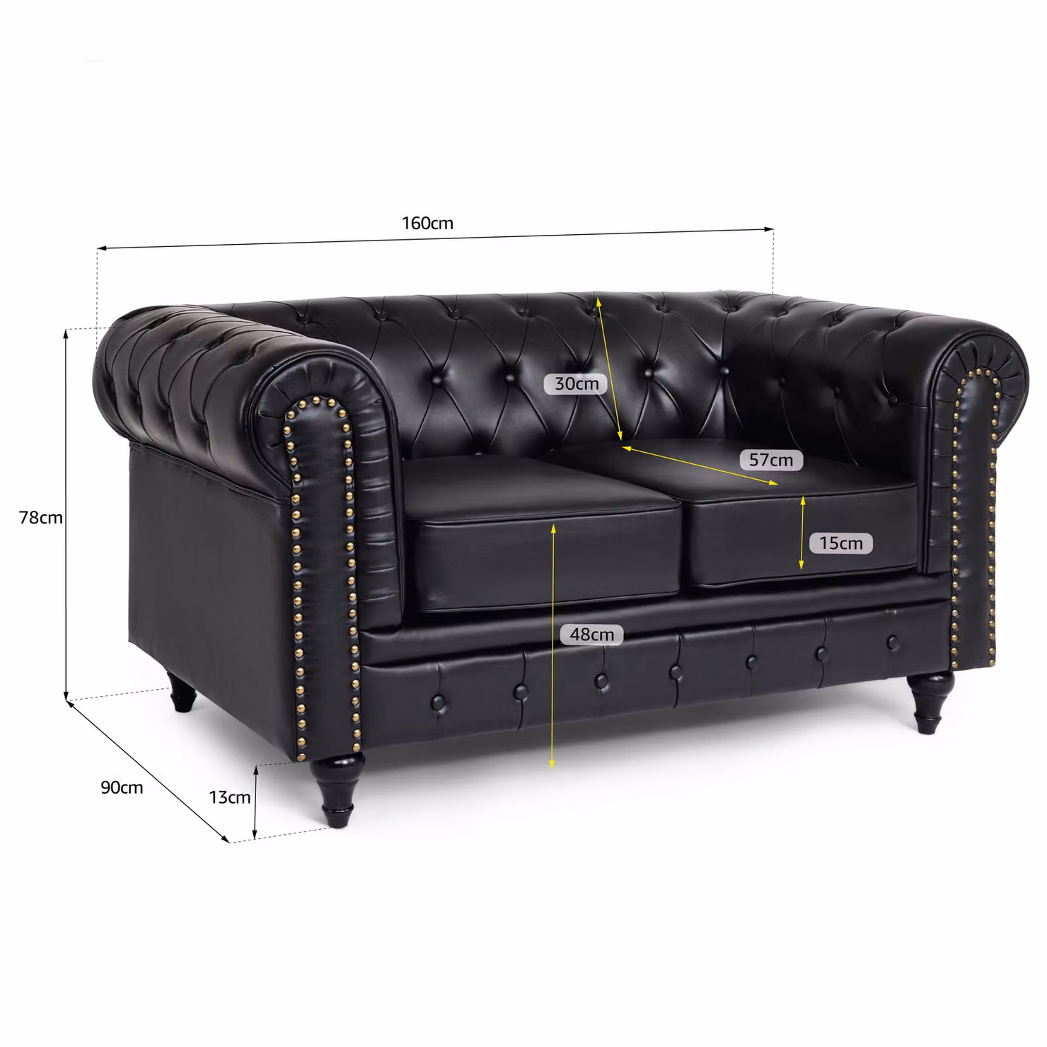 Bravich LTD Chesterfield 2 Seater Sofa in Black Faux Leather with Button Tufting and Wooden Legs – 2