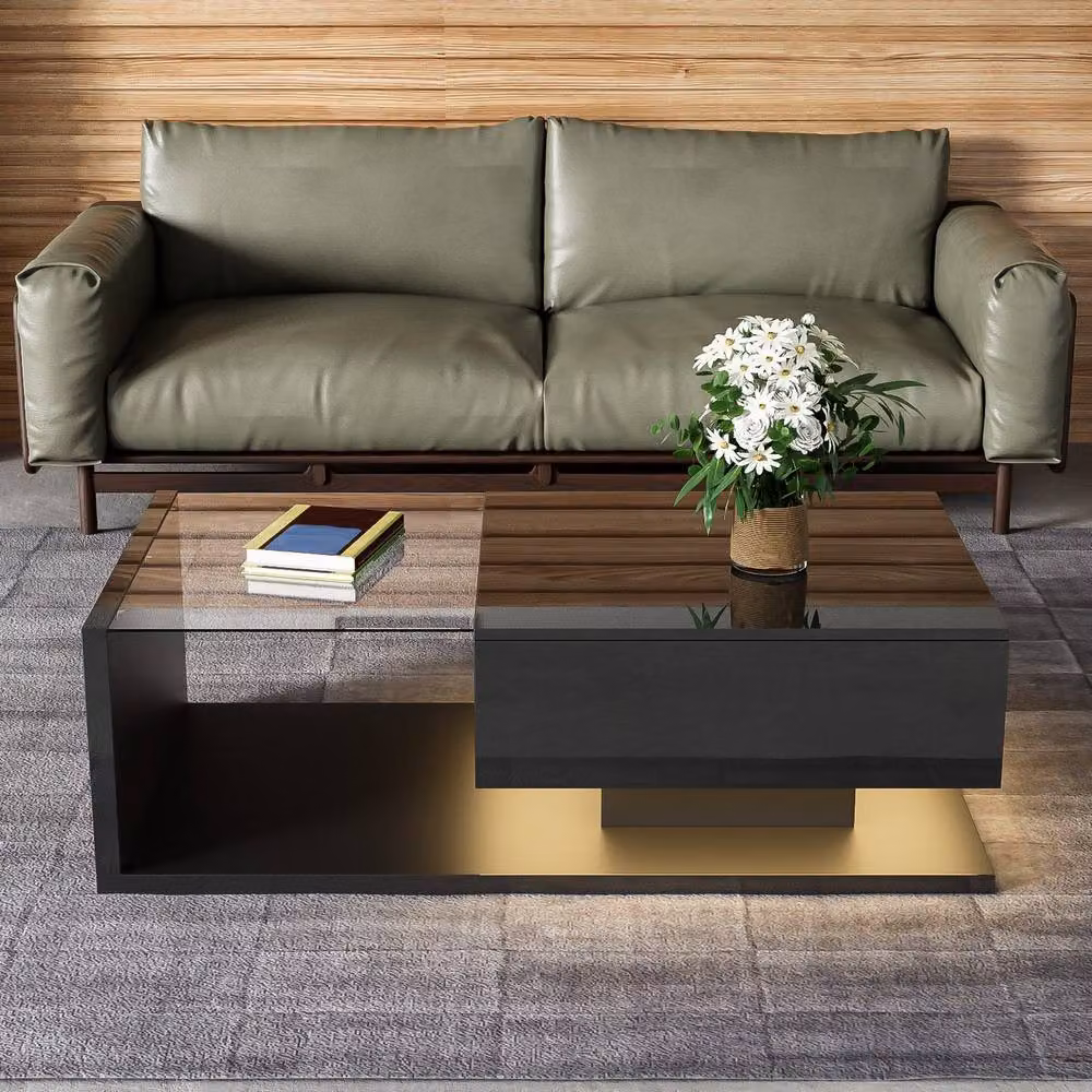 Merax Modern High-Gloss Black Coffee Table with Tempered Glass and LED Lights, W/D/H: 105 x 32.5 x 32.5 cm – 2