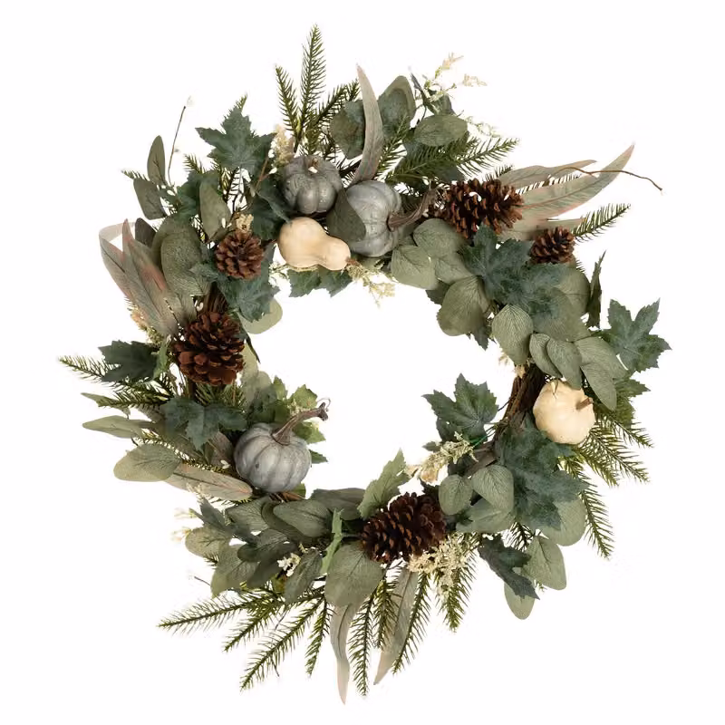 Scottish Everlastings Ltd Round Pumpkin Wreath with Eucalyptus Leaves in Green, Cream and Petrol, Diameter: 65 cm – 3