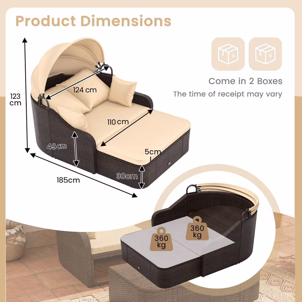Costway Modern PE Rattan Patio Daybed with Retractable Canopy in Beige – 2