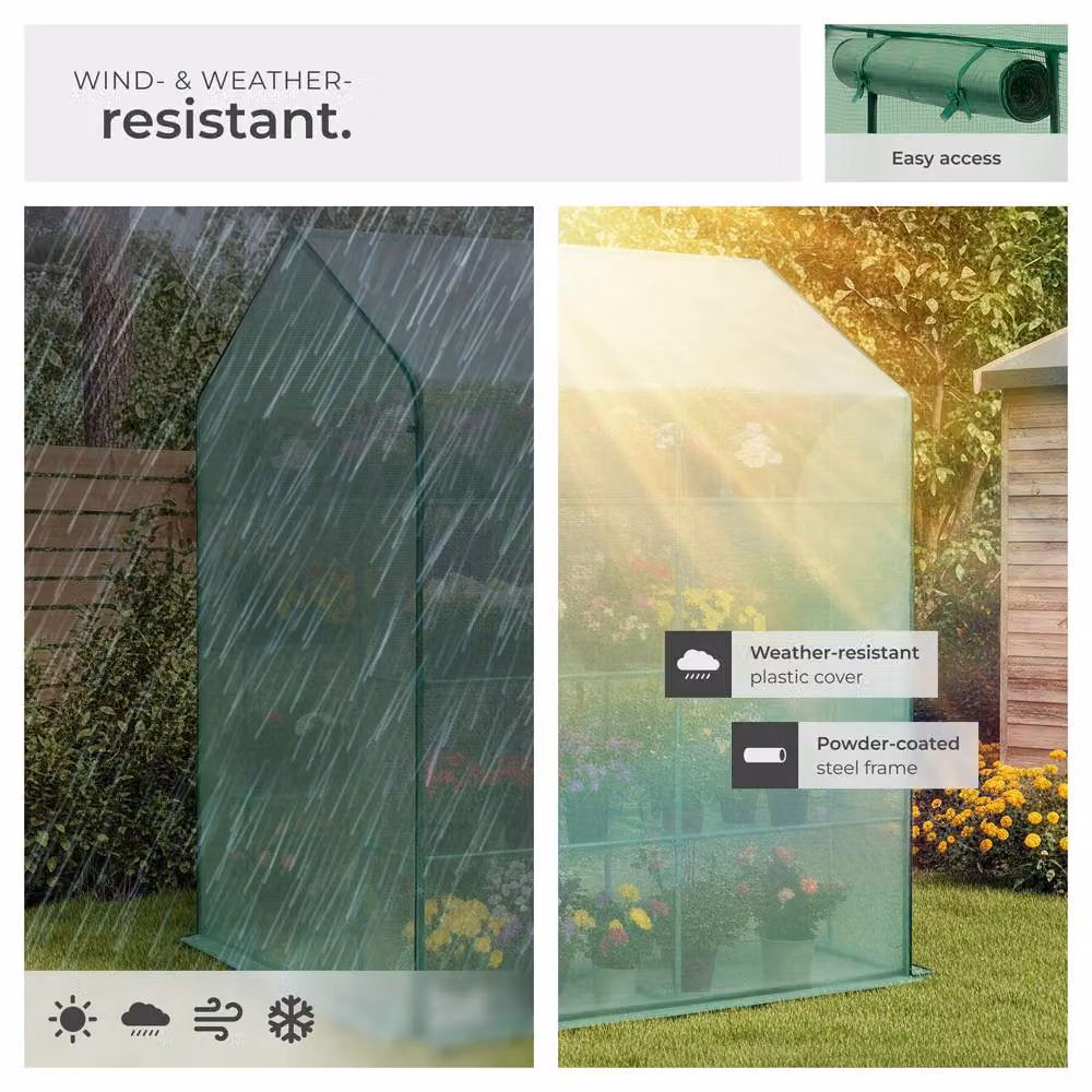 tectake Greenhouse with 16 Shelves and Tarpaulin Cover, Green, W/D/H: 143 x 143 x 195 cm – 3