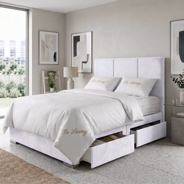 DS Living Whitehall Modern Upholstered Fabric Divan Bed Frame with Drawers in White, W/D/H: 180 x 200 cm