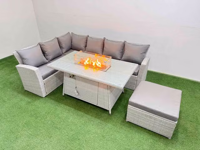 Fimous 7 Seat Rattan Garden Furniture Set with L-Shape Corner Sofa, Gas Fire Pit Table and Ottoman in Light Grey