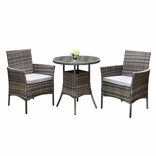 RayGar 3 Piece Grey Rattan Bistro Set with Glass Top Coffee Table and 2 Chairs for Garden and Terrace – 4
