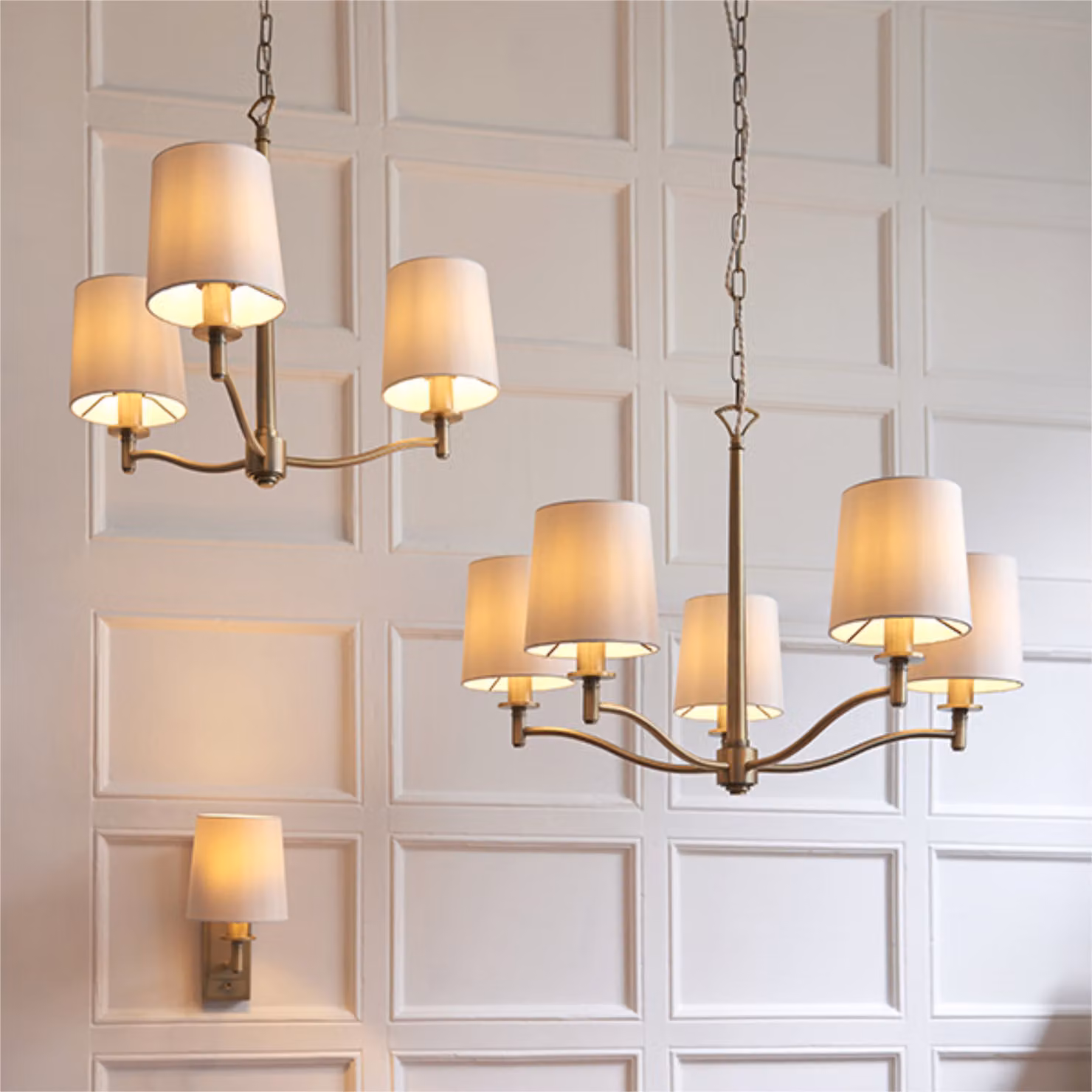 Endon Ortona 5 Light Multi Arm Pendant Light in Matt Antique Brass and Vintage White Faux Silk – 2