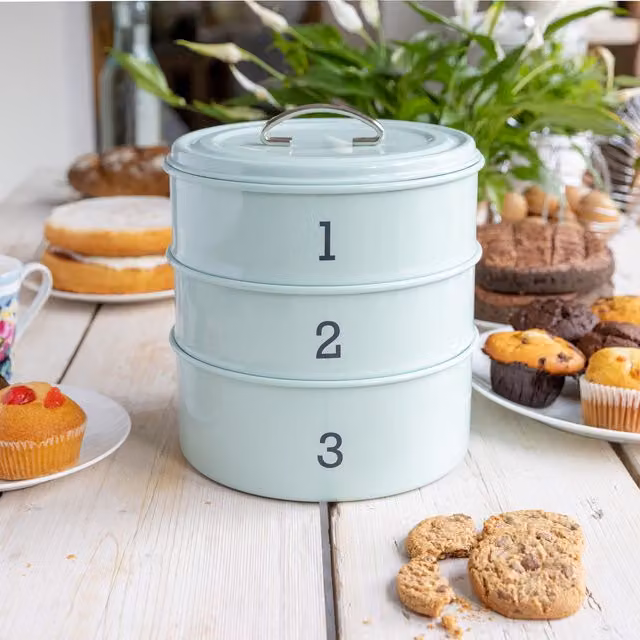 Kitchen Craft Blue Airtight Stackable Metal Three Tier Cake Tin Set