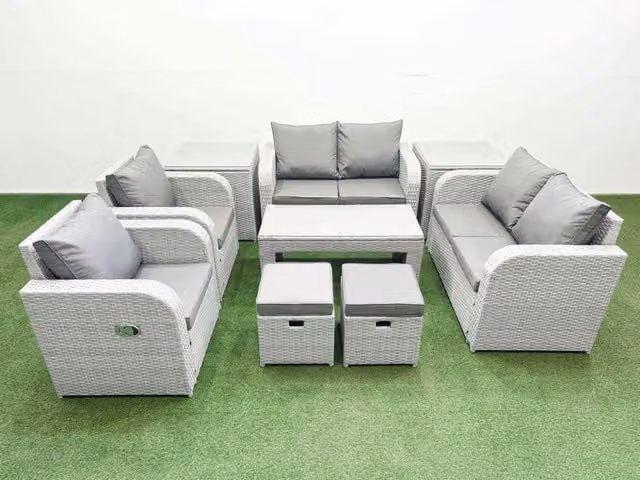 Fimous 8 Seater Rattan Garden Furniture Set in Light Grey with Reclining Chairs, 2 Seater Sofa, Coffee Table and Ottomans