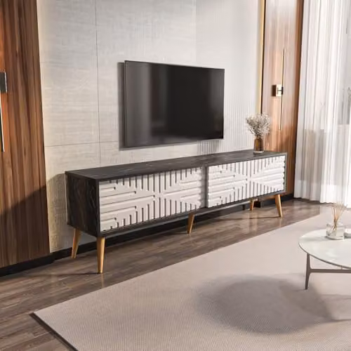 DECOROTIKA Riso Modern TV Stand with Sliding MDF Doors and Solid Wood Legs in Black Marble Effect, W: 180 cm, D: 35 cm, H: 54 cm – 3
