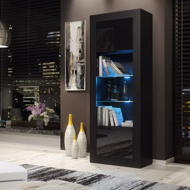 Creative Furniture Illume Modern Display Cabinet in Black with Glass Doors and Integrated Lighting, H: 170 cm, W: 63 cm, D: 35 cm