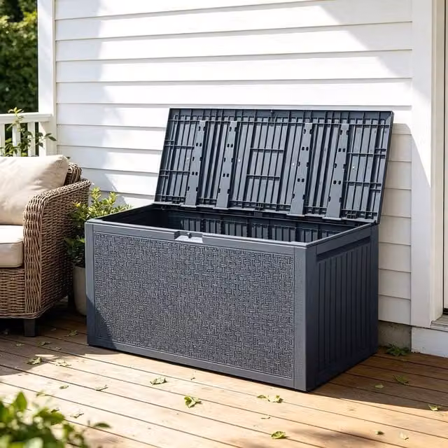 KORVIXA Large Plastic Garden Storage Box, Grey, W/D/H: 100 x 100 x 59.4 cm