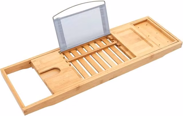 Flavora Adjustable Wooden Bamboo Bath Caddy Tray in Brown