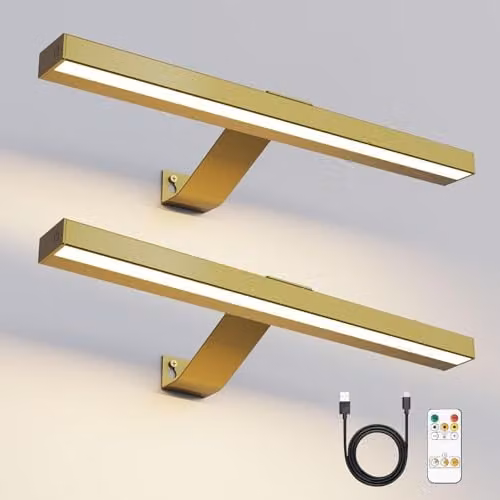 Harper Living Set of 2 Rechargeable LED Picture Lights in Gold, Dimmable Cordless Wall Lamps with Remote Control and Timer