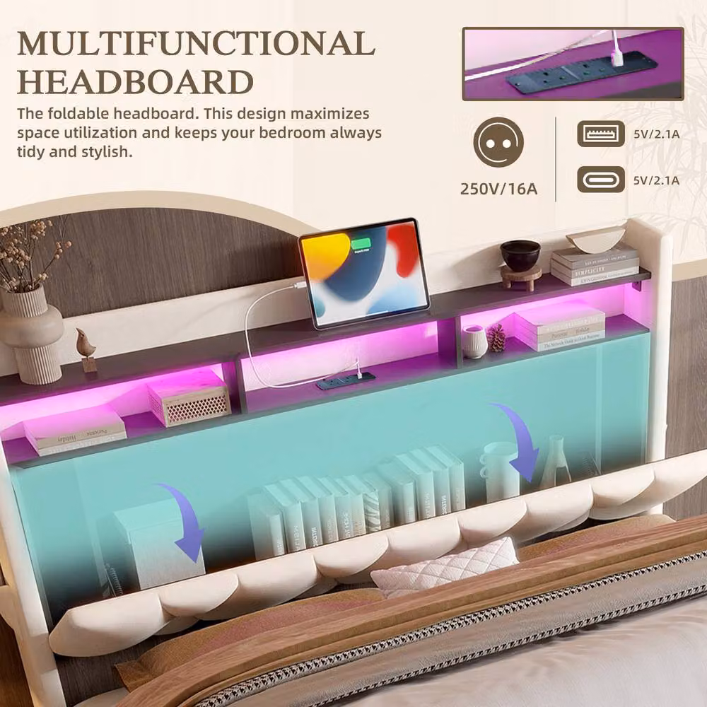 Matteo Beige Velvet Double Bed Frame with LED Lighting, USB Charging and Hydraulic Storage, W/D/H: 140 x 200 cm – 4