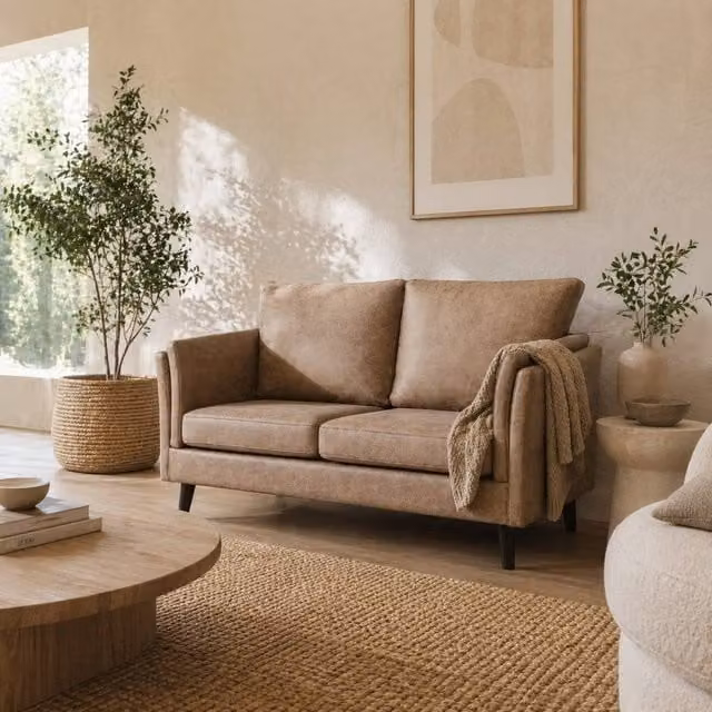 Wyld Haus Vaha 2 Seater Sofa in Light Brown Synthetic Leather with Rubberwood Frame, W/D/H: 137 x 72 x 88 cm
