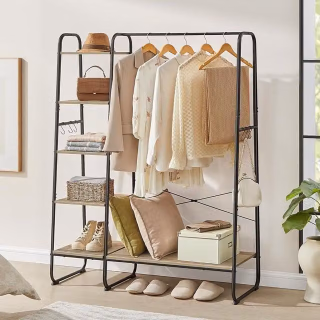 VASAGLE 5-Tier Clothes Rack with Shoe Storage and Side Hooks in Camel