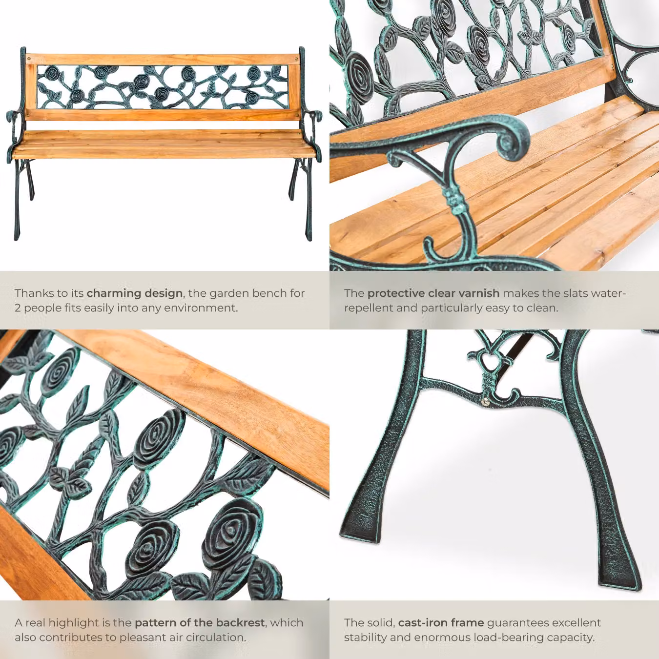 tectake Marina 2 Seater Garden Bench in Brown with Vintage Wood and Metal Design – 5