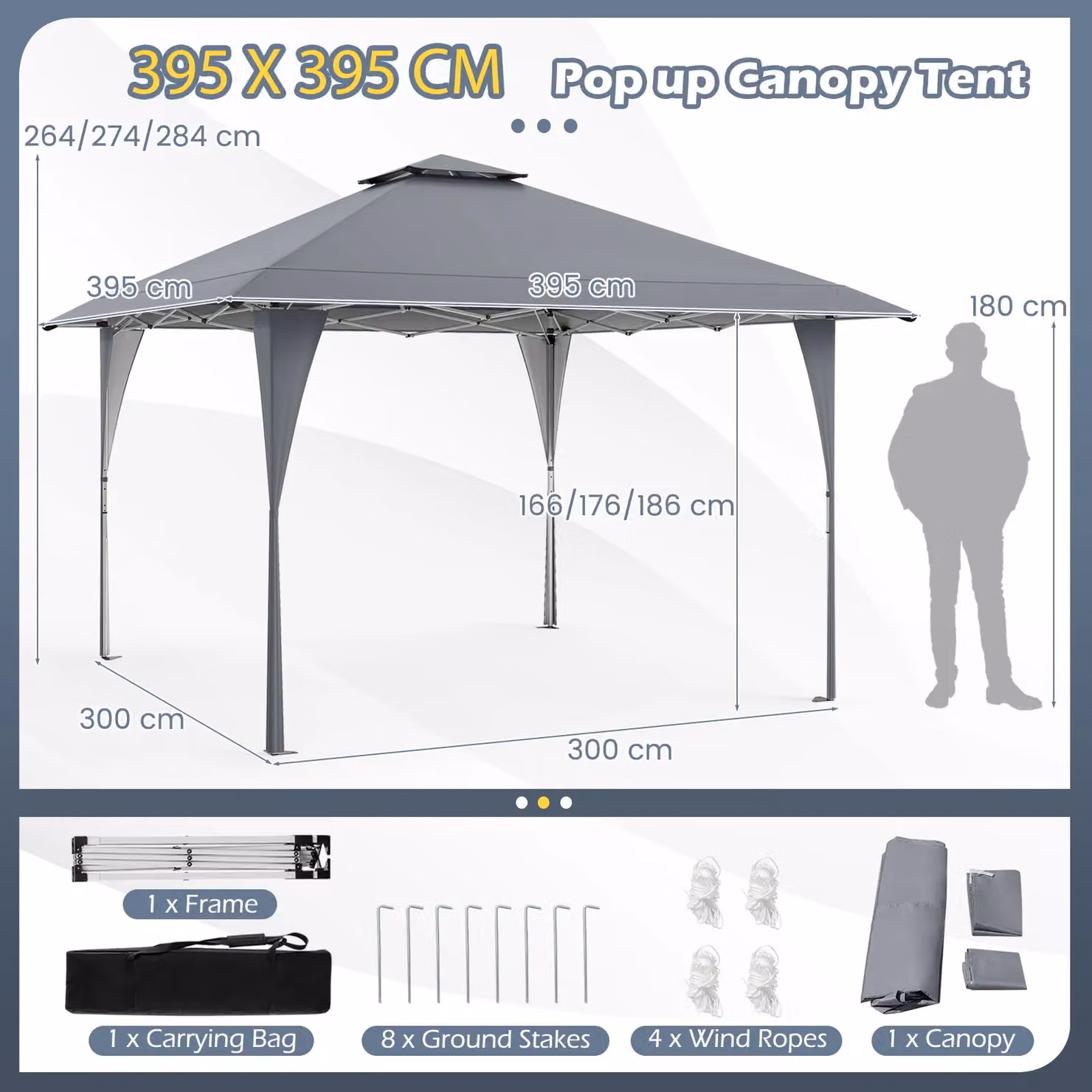 Costway Grey Pop Up Canopy Tent Outdoor Easy Setup Gazebo W: 395 cm, D: 395 cm, H: 284 cm – 3