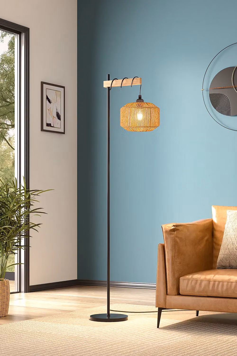 H&O Direct Modern Floor Lamp with Multicolour String-Wrapped Rattan Cylinder Shade in Black and Brown – 2