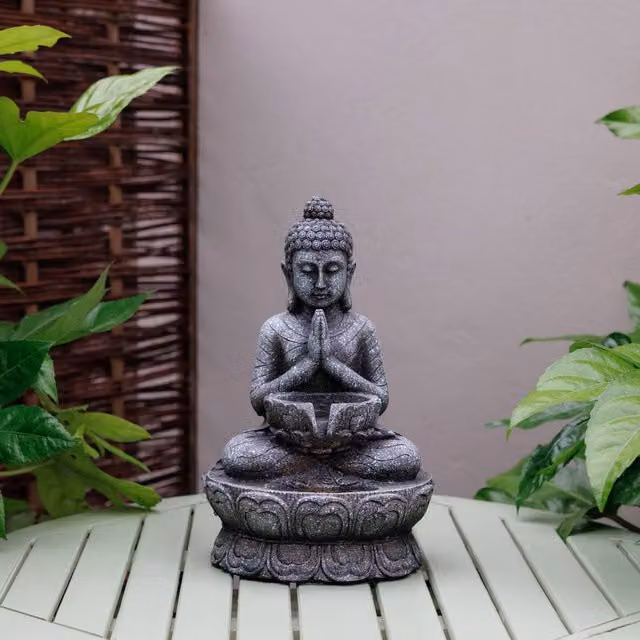 Primrose Praying Buddha Tabletop Water Feature with LED Lights in Grey – 1