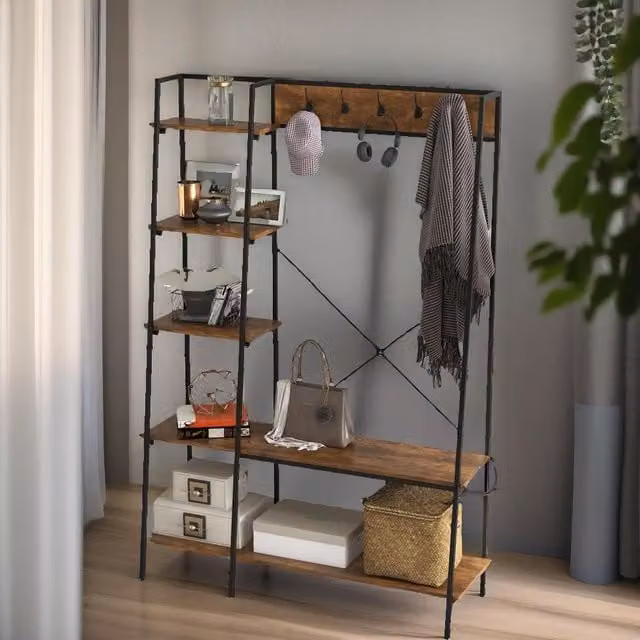 Rafaelo Mobilia Industrial Hall Tree with Bench and Shoe Storage, Brown – 1