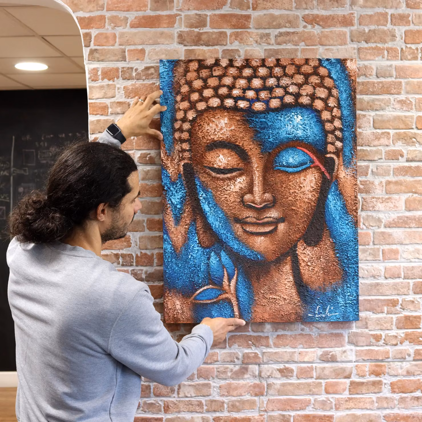 KDMD Buddha Painting with Blue and Bronze Floral Design, W: 75 cm, H: 55 cm – 3