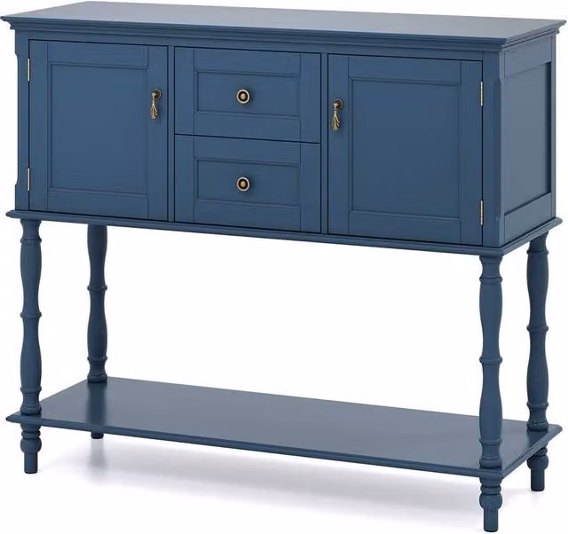 Gymax Blue Pine Wood Console Table with 2 Drawers