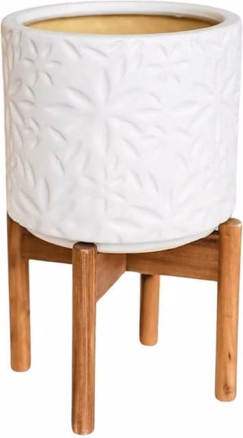 Ivyline Aspen Round Ceramic and Wood Tabletop Flower Planter, White, W: 22 cm, D: 22 cm, H: 34 cm – 1