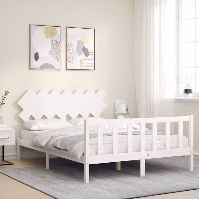 Berkfield Home Beautiful Solid Wood Bed Frame with Headboard in White, W/D/H: 140 x 200 x 80.5 cm