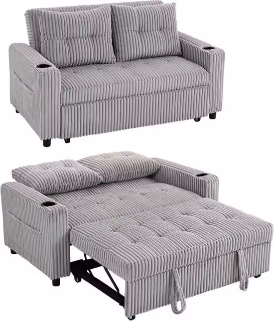 HOMCOM 2 Seater Click Clack Sofa Bed in Light Grey with Fabric Upholstery and Scatter Cushions – 1