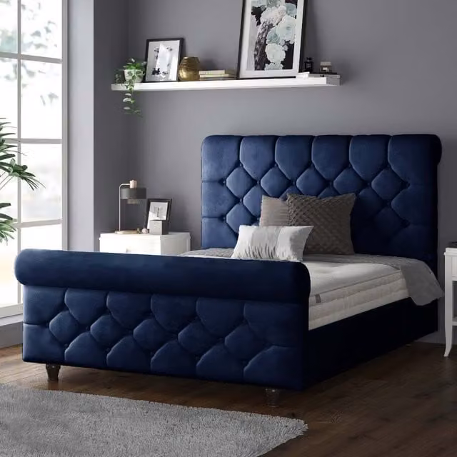 IH Design Chesterfield Upholstered Velvet Bed Frame, Blue, W: 180 cm, D: 200 cm